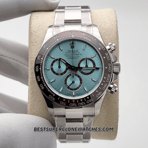 Replica Rolex Daytona featuring 40mm platinum case and diamond-set ice blue dial
