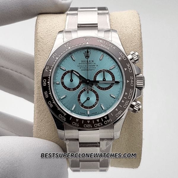 Replica Rolex Daytona featuring 40mm platinum case and diamond-set ice blue dial