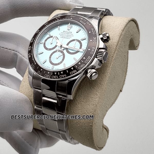 Swiss super clone Rolex Daytona Platinum edition with ice blue dial and chronograph functions