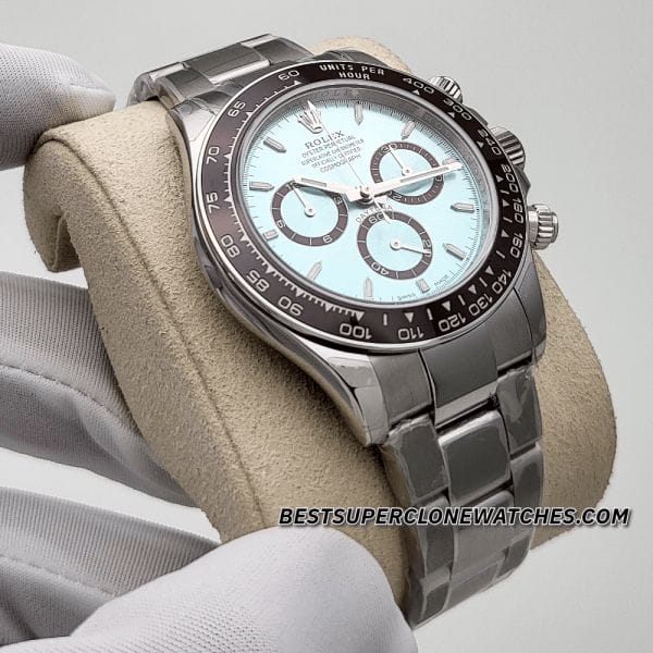 Luxury fake Rolex Daytona with polished platinum case and sapphire crystal