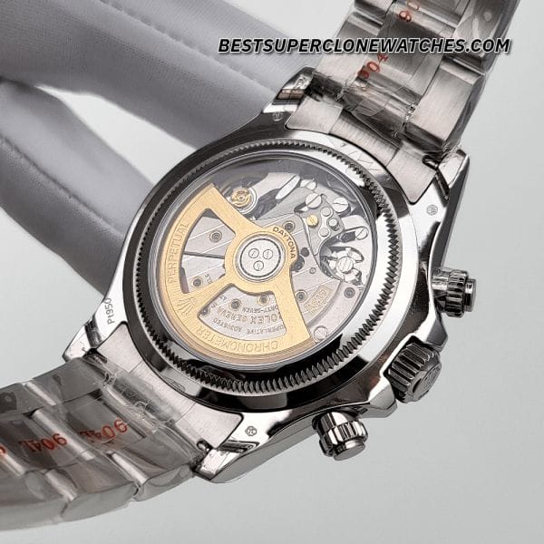 Side view of Swiss clone Rolex Daytona with 40mm platinum case and ice blue dial