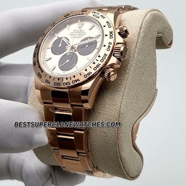 Rolex Daytona fake watch featuring sundust dial and polished Everose gold case