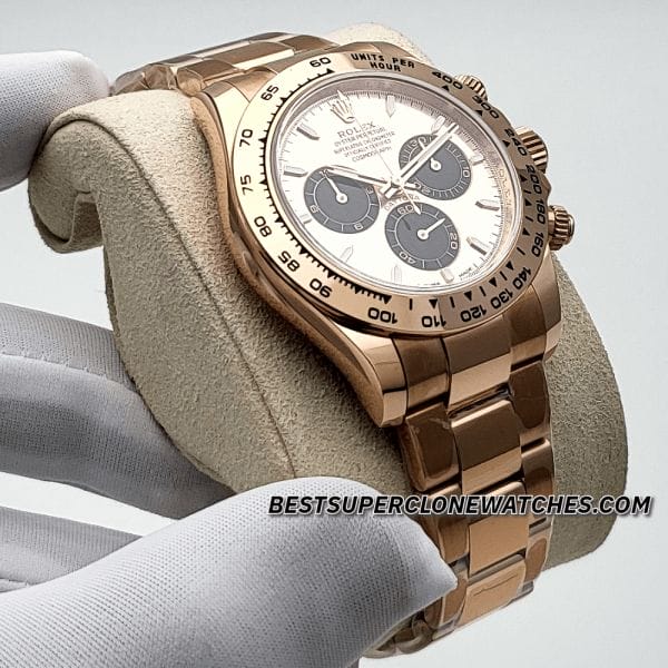 Replica Rolex Daytona featuring 4131 clone movement and Everose gold case with sundust dial
