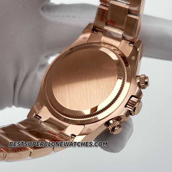 Detailed shot of Rolex Daytona super clone showing chronograph subdials on sundust dial