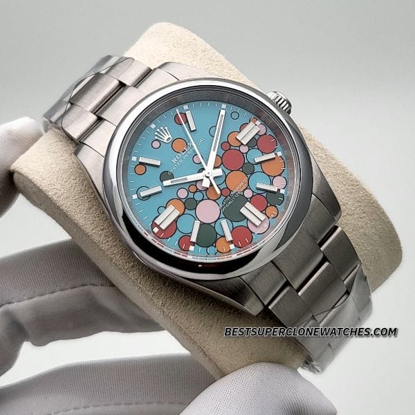 Swiss clone Rolex 124300 turquoise dial watch