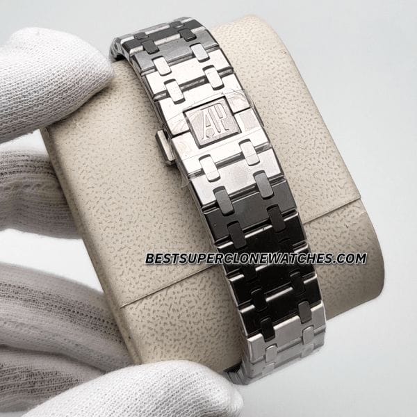 Super clone Royal Oak watch featuring blue textured dial and octagonal bezel with screws
