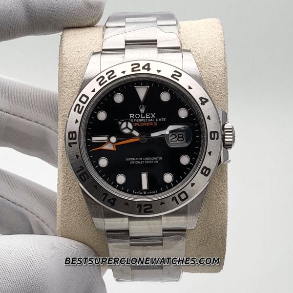 Detail shot of Oystersteel bracelet with brushed links and smooth folding clasp on fake Explorer II