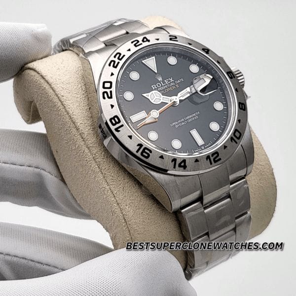 Swiss super clone Rolex Explorer II featuring black dial with luminous markers and 24-hour hand