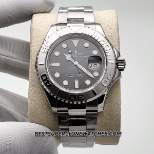 Detail shot of the polished Oystersteel bracelet and platinum accents on fake Rolex Yacht-Master 126622