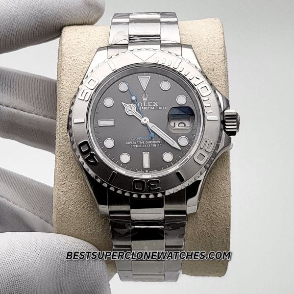 Detail shot of the polished Oystersteel bracelet and platinum accents on fake Rolex Yacht-Master 126622