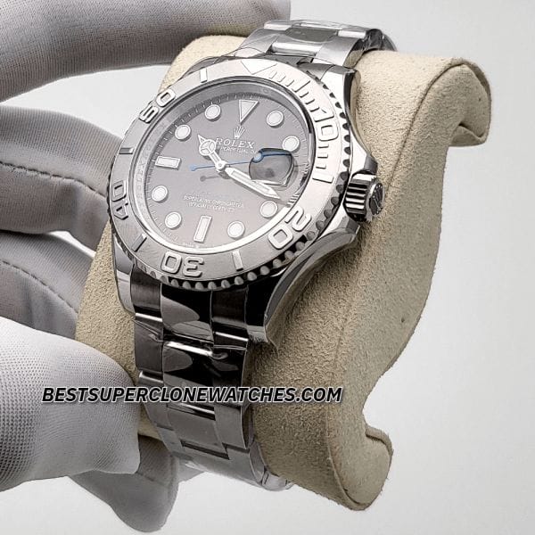 High-quality replica Rolex Yacht-Master with Oystersteel and platinum case, black dial, and luminous markers