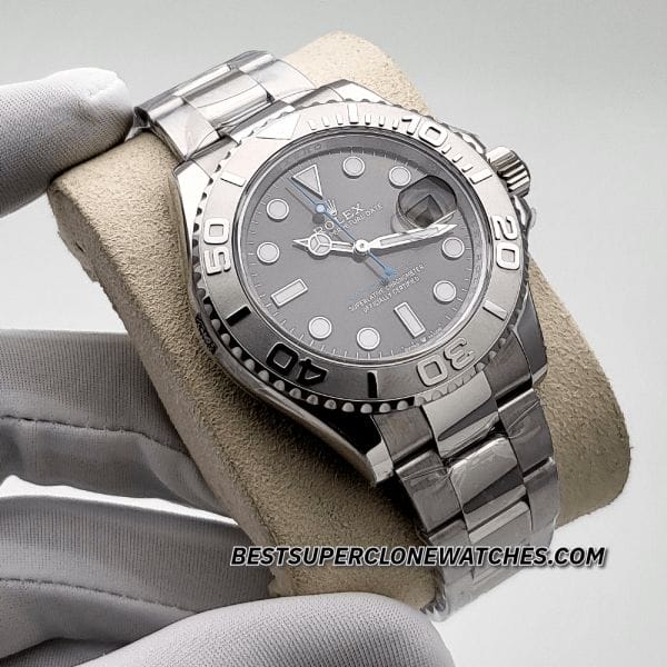 Swiss super clone Rolex Yacht-Master 126622 with Oystersteel and platinum case, featuring a black dial design