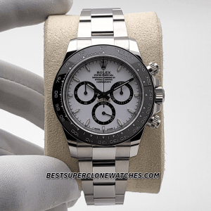 Close-up of Rolex Daytona super clone with white dial and cyclops date magnifier