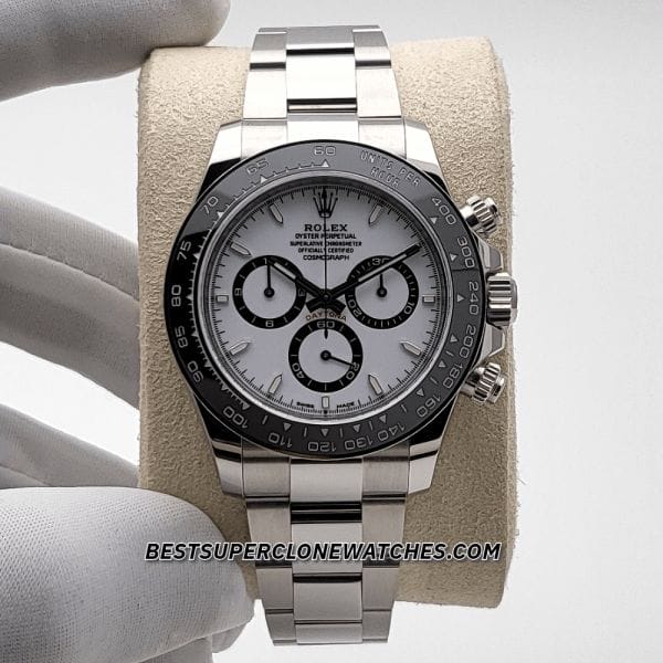 Close-up of Rolex Daytona super clone with white dial and cyclops date magnifier