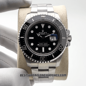 Side view of super clone Rolex Sea-Dweller with brushed Oystersteel case and sturdy bracelet links