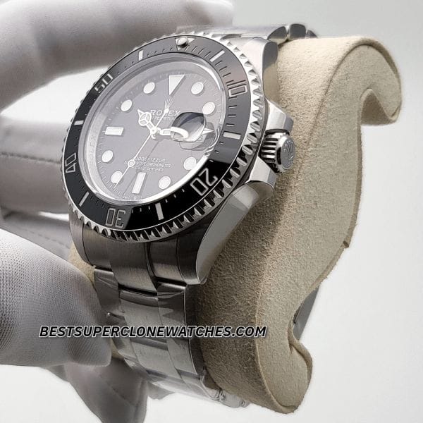 Close-up of fake Rolex Sea-Dweller dial with large luminous hands and intense black finish