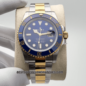 Fake Rolex Submariner 2-Tone Ref-126613LB with royal blue dial, Oystersteel and yellow gold case, and Swiss 3235 movement—high-quality super clone.