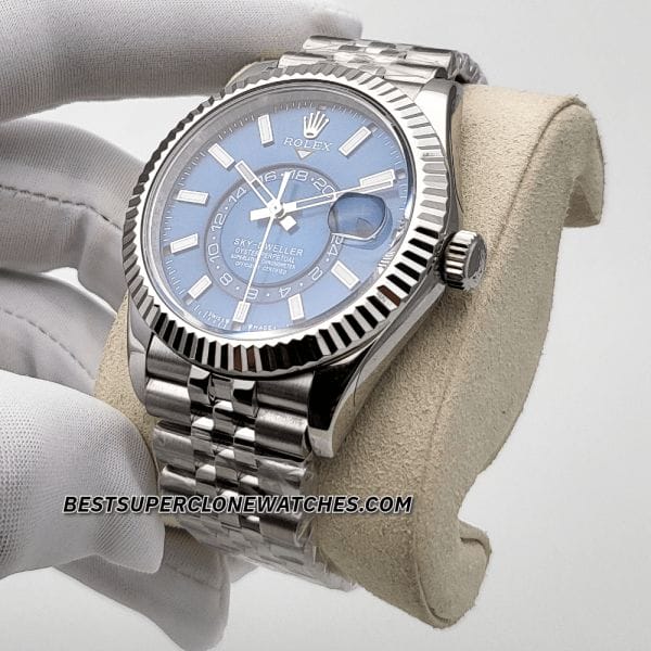 Fake Rolex Sky-Dweller with Oystersteel and white gold combination, featuring a bright blue dial and date display