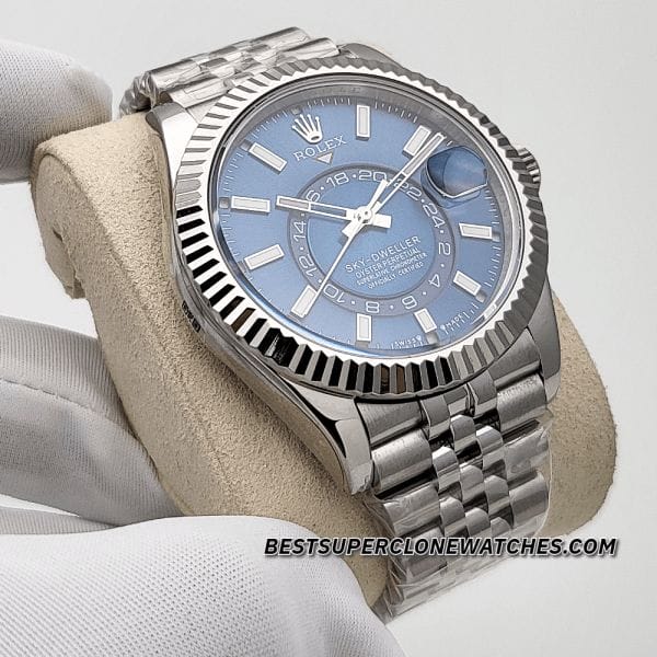 High-quality replica Rolex Sky-Dweller showcasing white gold bezel, Oystersteel case, and Jubilee bracelet