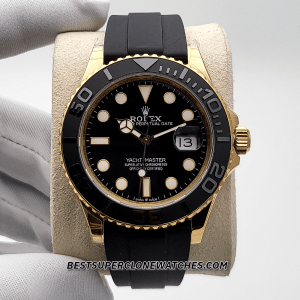 Fake Rolex Yacht-Master watch with yellow gold case, black dial, and Swiss 3235 movement imitation