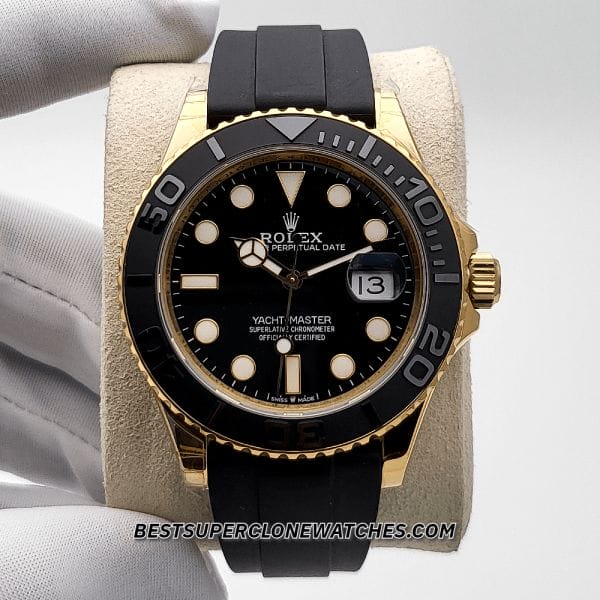 Fake Rolex Yacht-Master watch with yellow gold case, black dial, and Swiss 3235 movement imitation