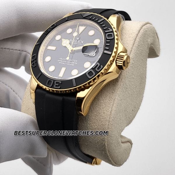Super clone Rolex Yacht-Master 226658 with striking yellow gold bezel, black dial, and durable Oysterflex rubber strap