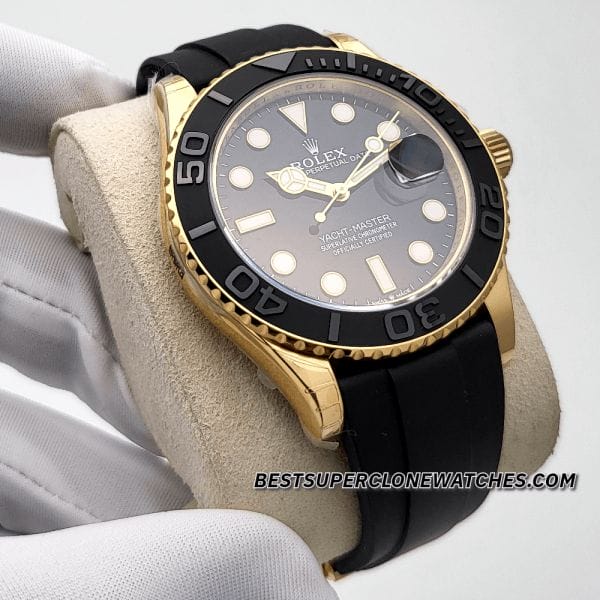 Replica Rolex Yacht-Master 226658 with yellow gold case, black dial, and Oysterflex strap, featuring 3235 movement clone