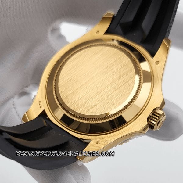 Swiss super clone Rolex Yacht-Master 226658 with yellow gold case, black bezel, and comfortable Oysterflex strap