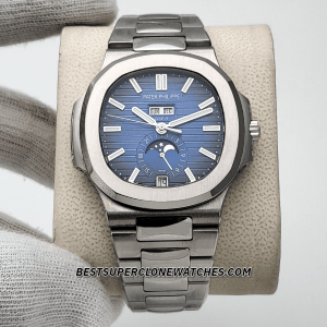 High-quality replica of Patek Philippe 5726/1A with sunburst blue dial and steel bracelet