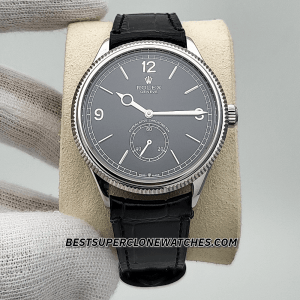 Super clone Rolex 1908 Ref. 52509 with luxurious 18kt white gold case, black dial, and alligator leather strap