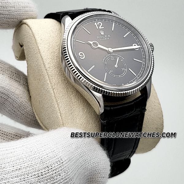 High-quality replica Rolex 1908 with a refined intense black dial, alligator strap, and 18kt white gold case