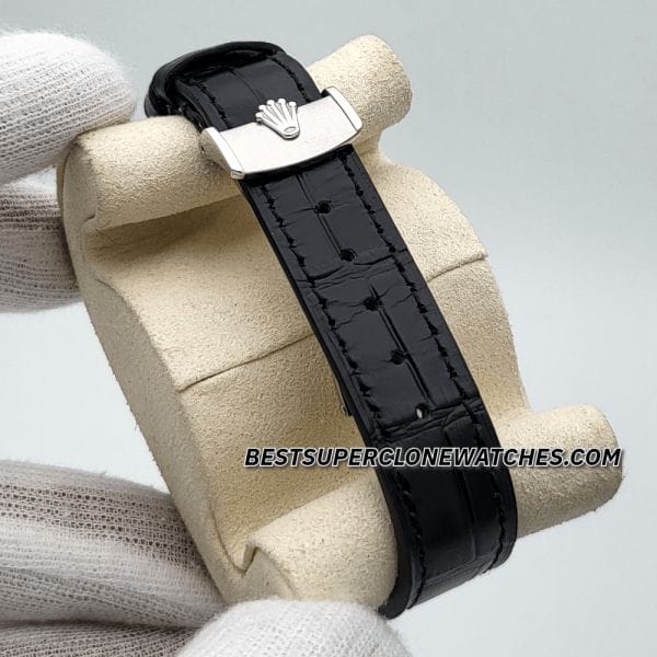 Swiss super clone Rolex 1908 18kt white gold with a sleek black dial and elegant alligator leather strap