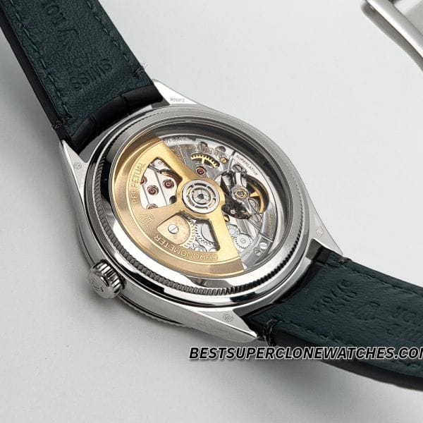 Fake Rolex 1908 watch with sophisticated black dial, white gold case, and high-end alligator strap