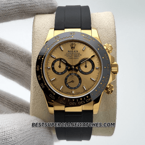 Luxury fake Rolex Daytona with golden dial and chronograph functions on oysterflex strap