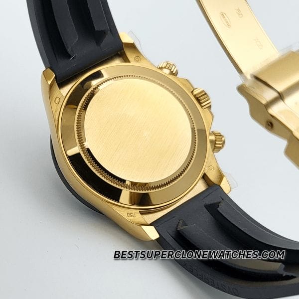 Swiss super clone Rolex Daytona with yellow gold case and sporty oysterflex bracelet