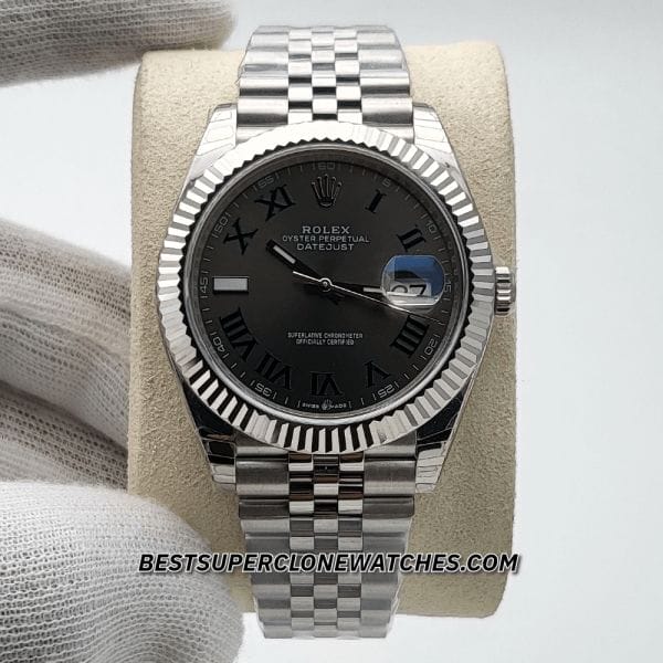 Rolex Datejust Ref-126334 super clone with Oystersteel case, slate dial, and white gold, offering a top-tier fake watch design.