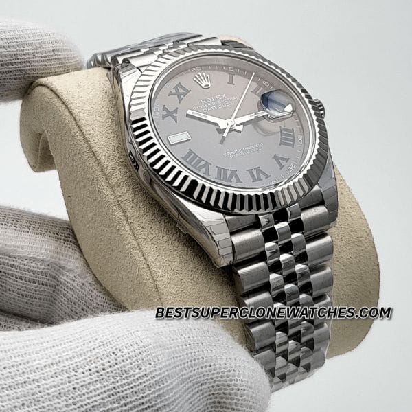 Swiss-made super clone Rolex Datejust 3235 fake watch, featuring slate dial and Oystersteel bracelet, a high-quality replica.