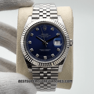 Fake Rolex Datejust 3235, a super clone with diamond-set bright blue dial, Oystersteel case, and white gold for a luxurious replica.