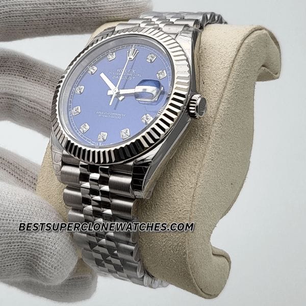 Swiss-made fake Rolex Datejust Ref-126334 with diamond-encrusted bright blue dial, Oystersteel case, and white gold bezel—super clone.