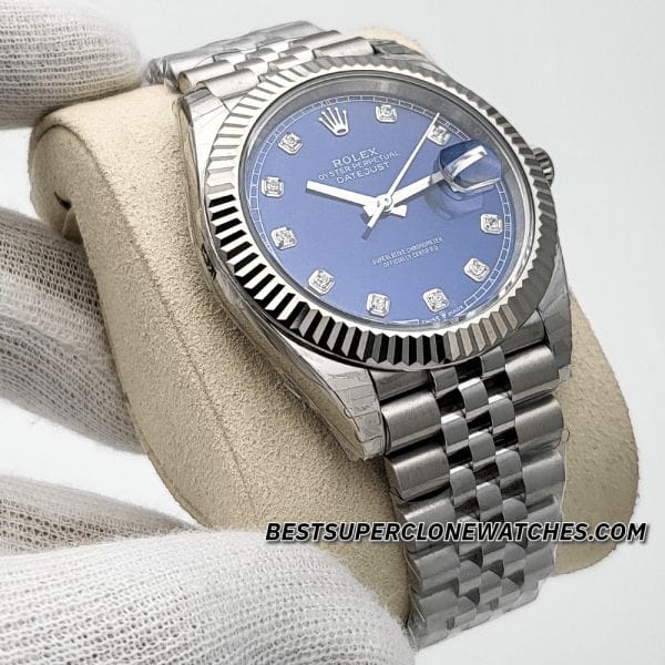 Detailed view of the fake Rolex Datejust Ref-126334 with diamond-set bright blue dial, Oystersteel, and white gold design—super clone edition.