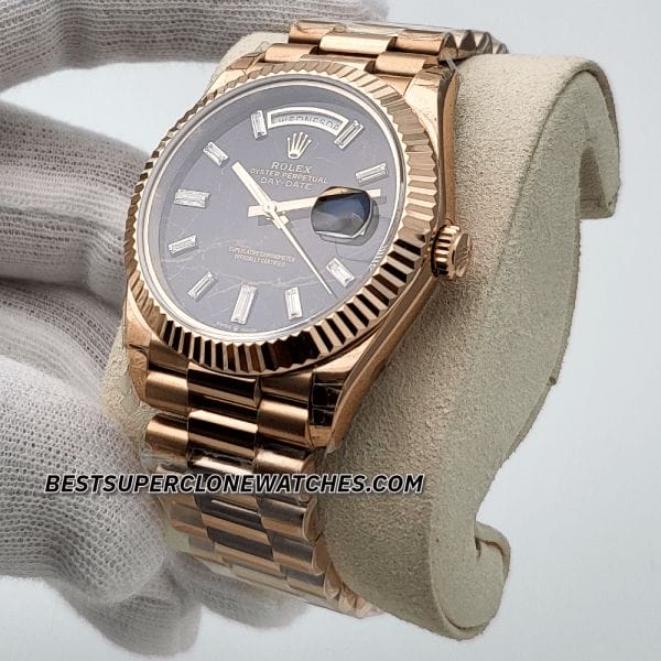 Rolex Day-Date 228235 Swiss super clone with Everose gold case and diamond-set Eisenkiesel dial