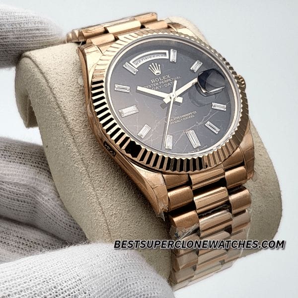 Rolex Day-Date 228235 Swiss super clone with Everose gold case and diamond-set Eisenkiesel dial