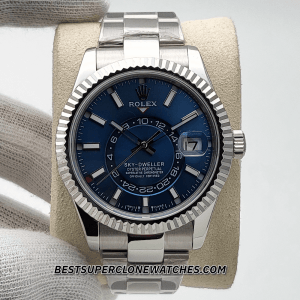 Replica Rolex Sky-Dweller 336934 with bright blue dial, two-tone case, and high-quality Swiss movement imitation