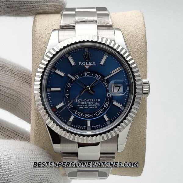 Replica Rolex Sky-Dweller 336934 with bright blue dial, two-tone case, and high-quality Swiss movement imitation
