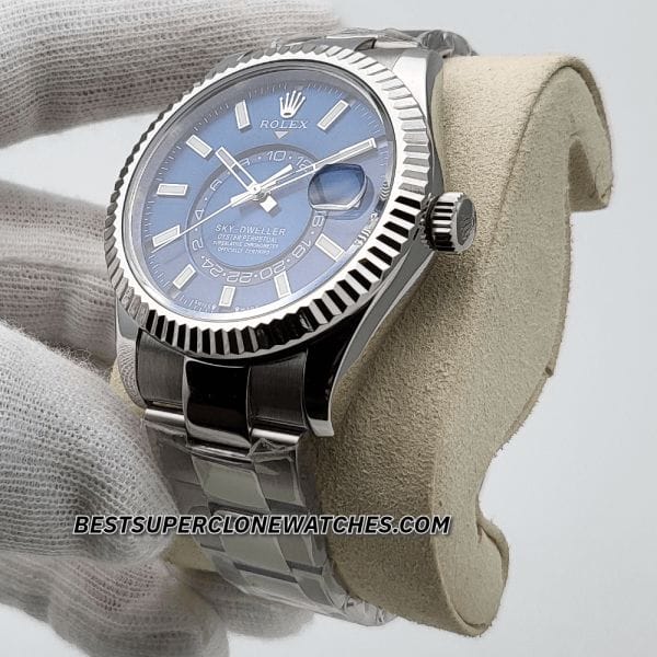 Back view showing cloned 9002 movement visible through sapphire case back on fake Rolex Sky-Dweller