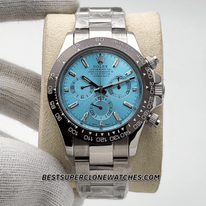 Replica Rolex Daytona with 4130 clone movement and platinum case featuring diamond-set ice blue dial