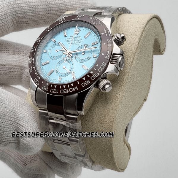 Rolex Daytona Swiss super clone with platinum case, ice blue dial, and diamond hour markers