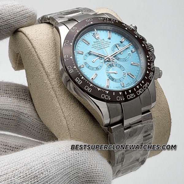 Close-up of Rolex Daytona super clone with ice blue dial, diamonds, and cyclops date magnifier
