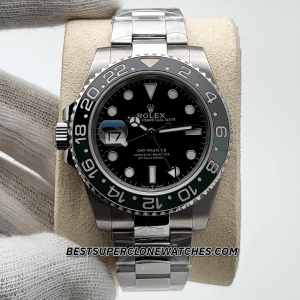 Close-up of Rolex GMT Master II super clone with left-hand crown and dual time zone bezel