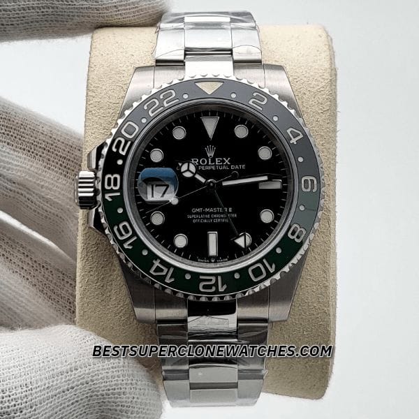 Close-up of Rolex GMT Master II super clone with left-hand crown and dual time zone bezel